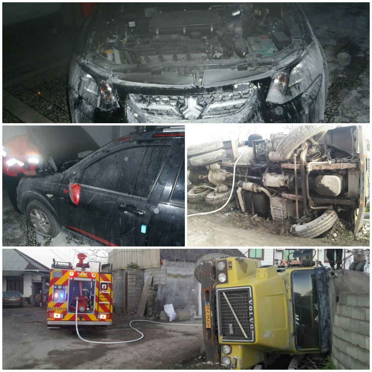  آتش سوزی شبانگاهی سواری کوییک در پارکینگ منزل و واژگونی بونکر سیمان در بابل