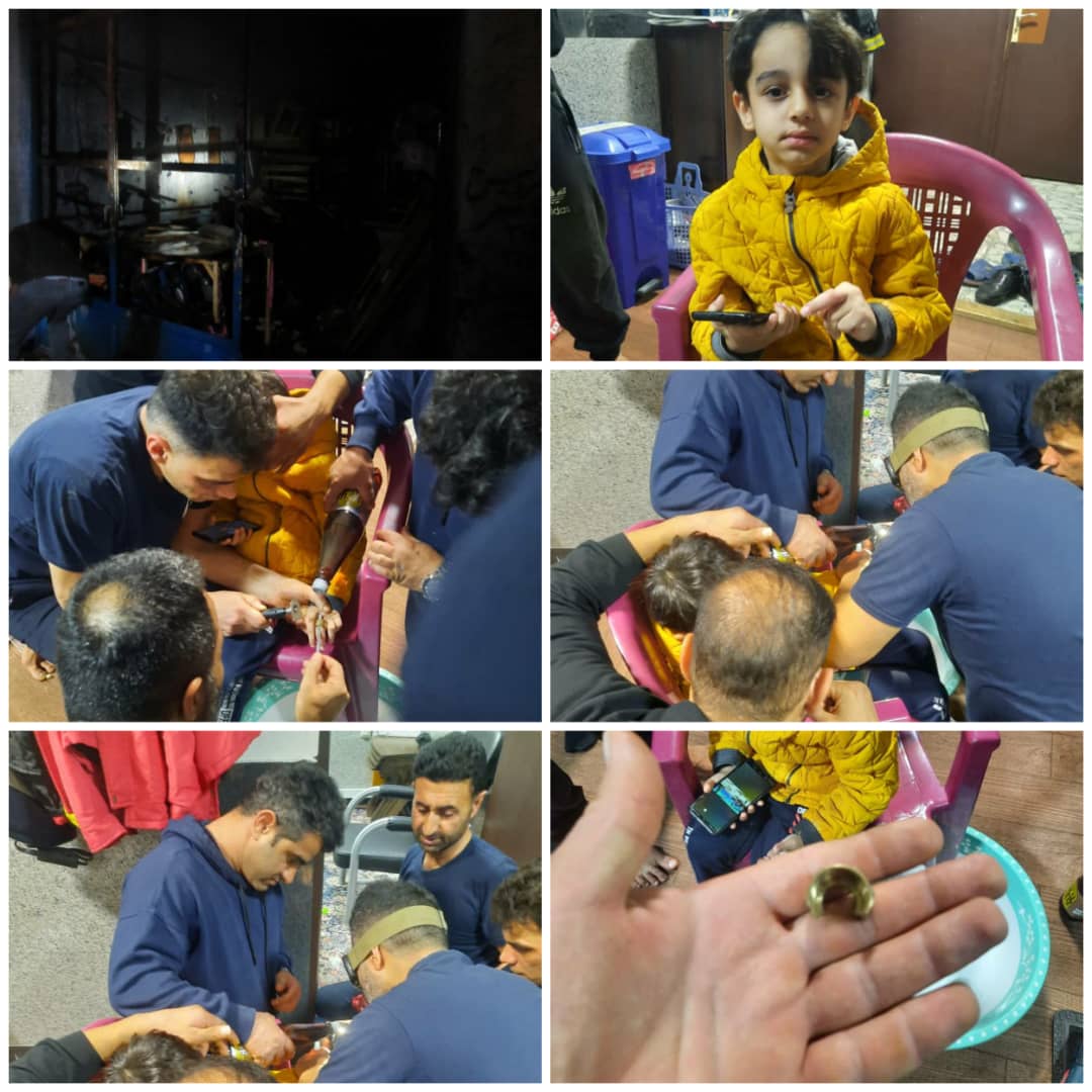 آتش سوزی صبحگاهی #کارگاه_نجاری و گیر کردن مهره شوفاژ در انگشت پسر ۵ ساله بابلی