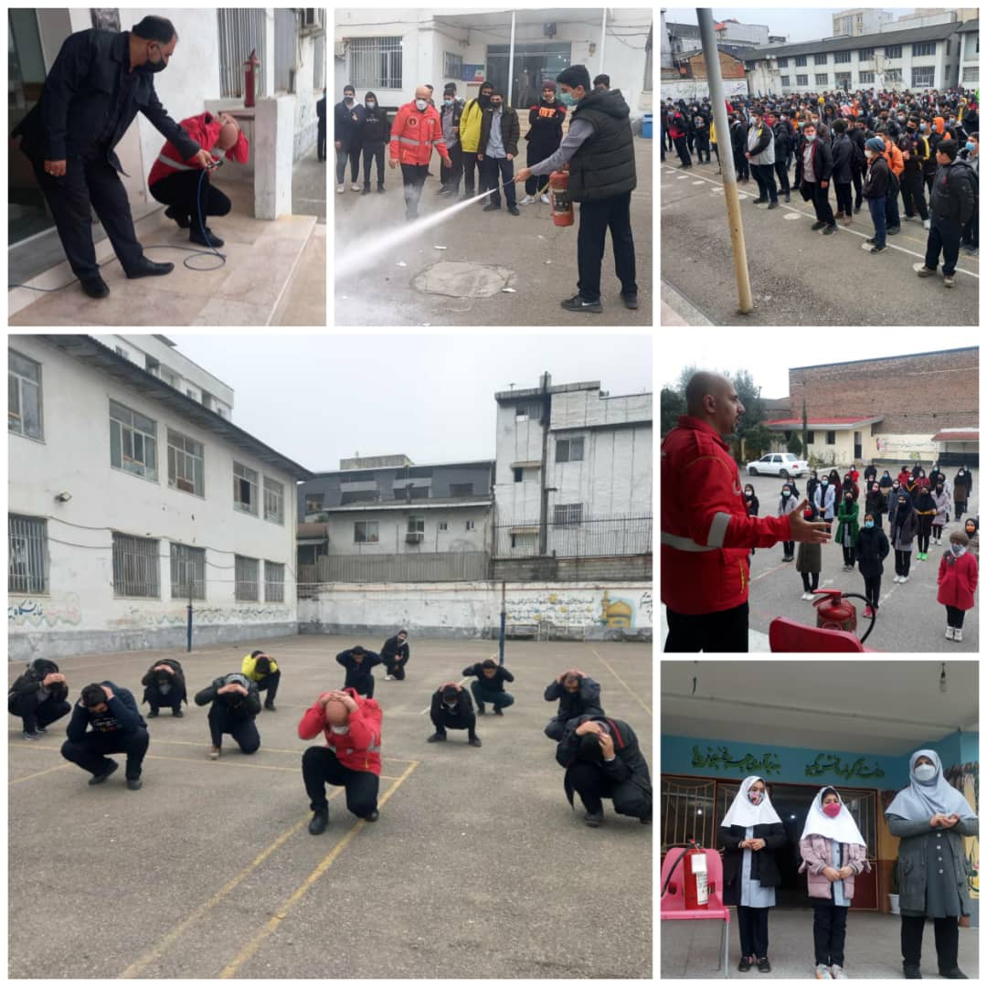 برگزاری مانور و آموزش تئوری و عملی اطفای حریق و ارائه نکات ایمنی بهمراه آموزش ایمنی در برابر زلزله و چگونگی پناه گیری در جای امن  توسط کارشناسان واحد آموزش عمومی سازمان آتش نشانی بابل