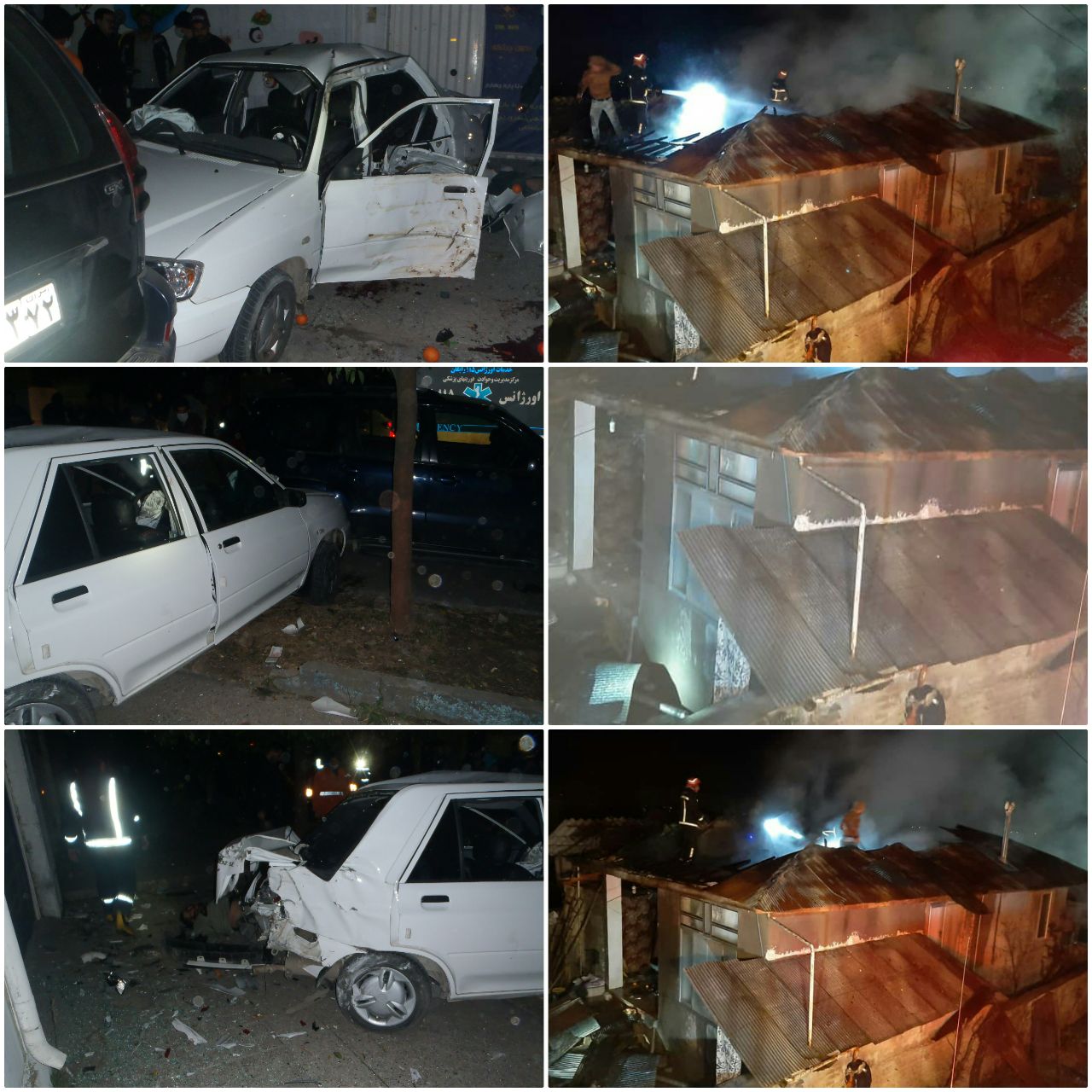  برخورد شدیدسواری پراید با درخت/آتش سوزی طبقه ششم برج مسکونی و آتش سوزی منزل مسکونی روستایی دربابل